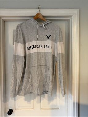 American Eagle Outfitters Light Grey and White Hooded Pullover